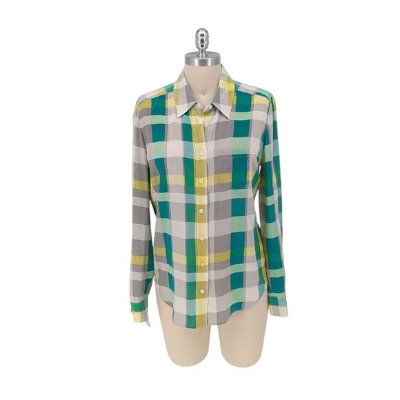 01405 Equipment Plaid Button Down Silk Shirt Yellow Green M preppy Business casu - Picture 1 of 8